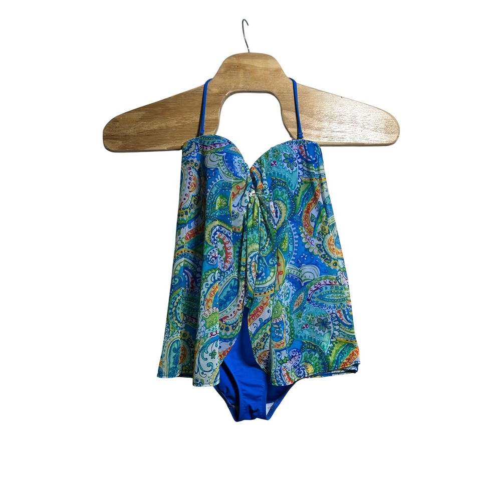 Lauren Ralph Lauren Blue Paisley Flyaway Tankini Swimsuit Halter Top Size 8